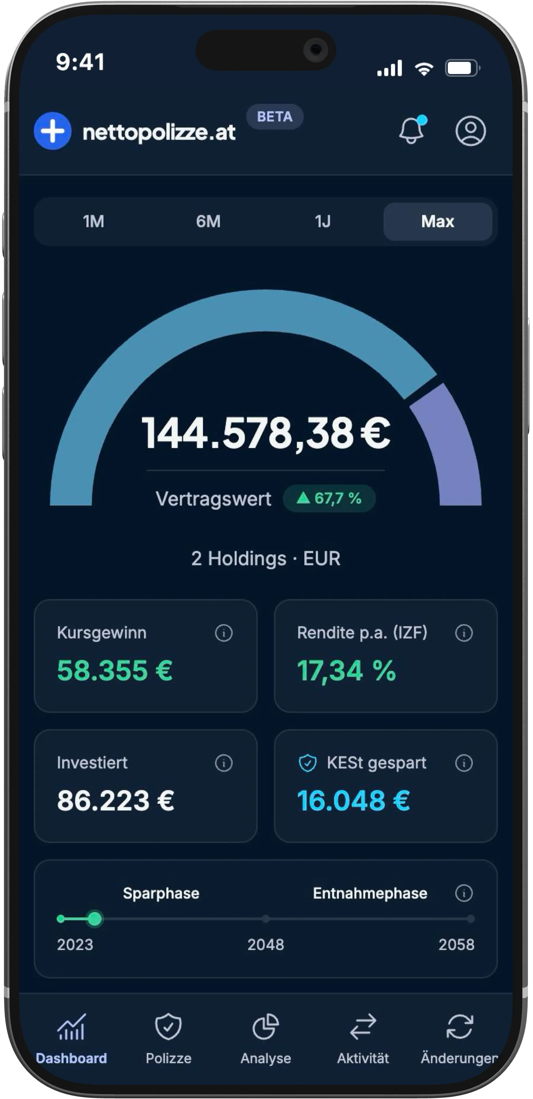 nettopolizze.at App auf dem iPhone: Vertragswert, Rendite und KESt-Ersparnis – Demo öffnen