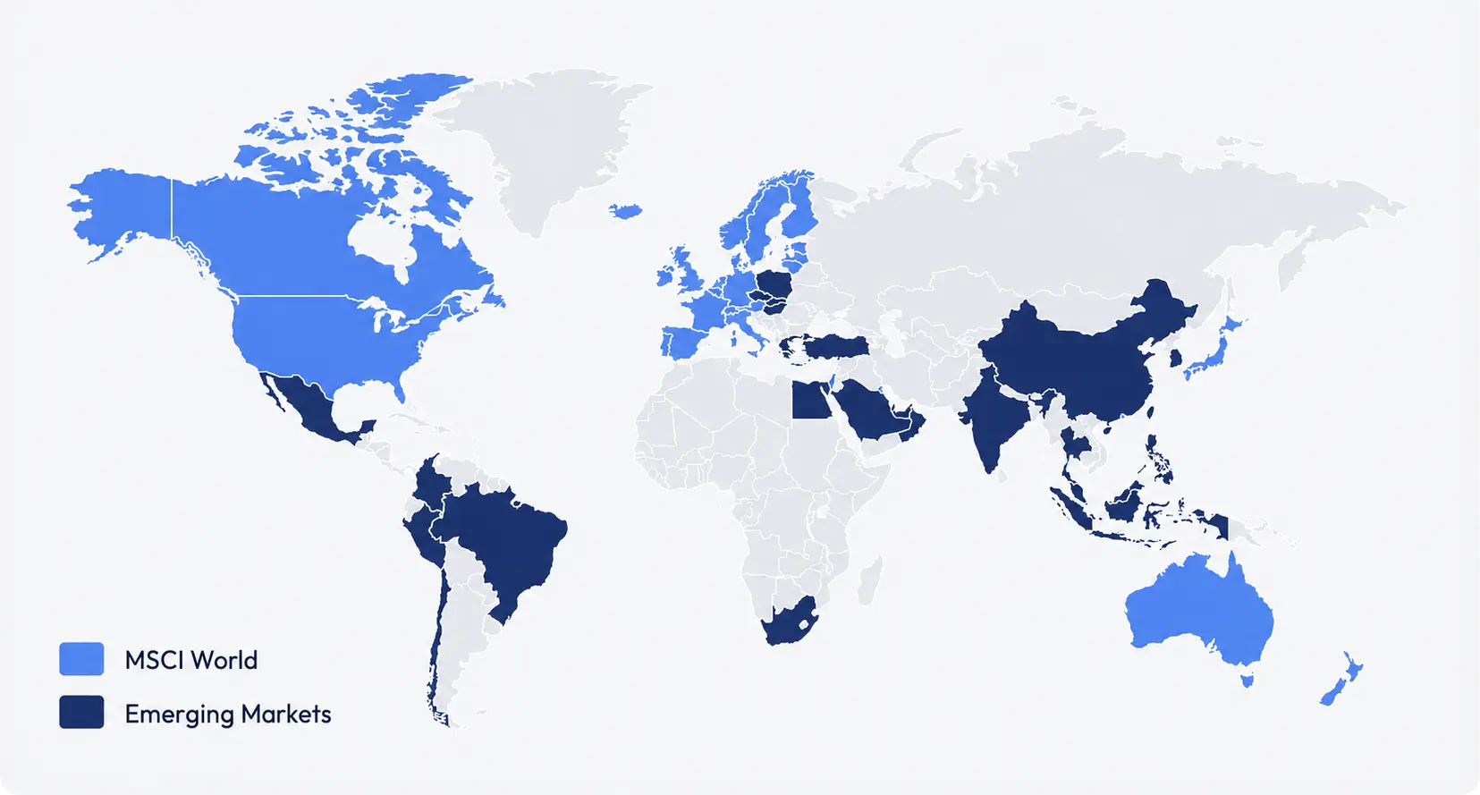 Weltkarte des ETF-Weltportfolios: MSCI-World-Länder hellblau, Emerging Markets dunkelblau