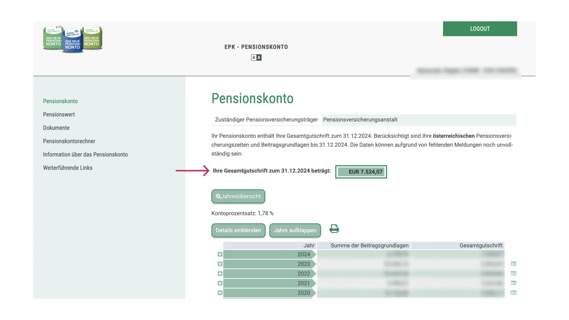 Ansicht Pensionskonto