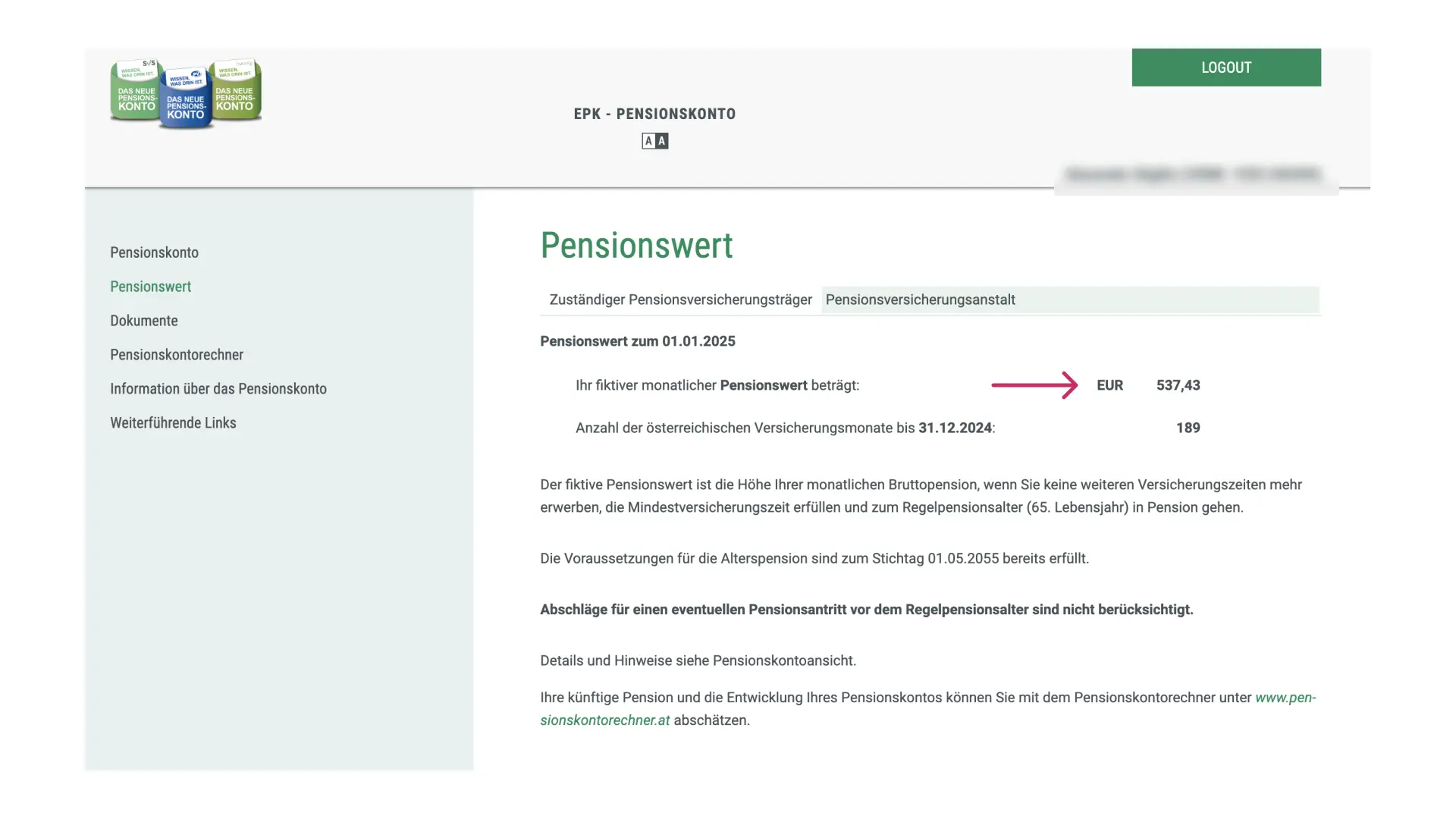 Ansicht Pensionswert